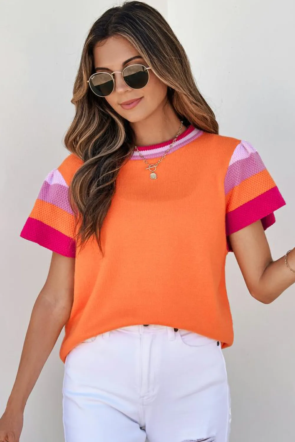 Discount Dear-Lover Contrast Flutter Sleeves Knitted Sweater T Shirt Carrot