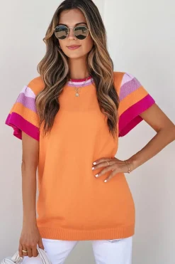 Discount Dear-Lover Contrast Flutter Sleeves Knitted Sweater T Shirt Carrot