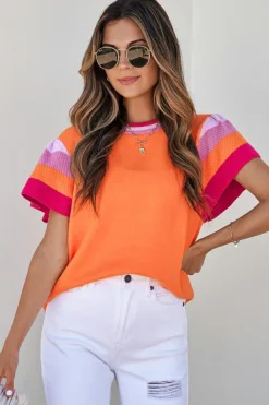 Discount Dear-Lover Contrast Flutter Sleeves Knitted Sweater T Shirt Carrot