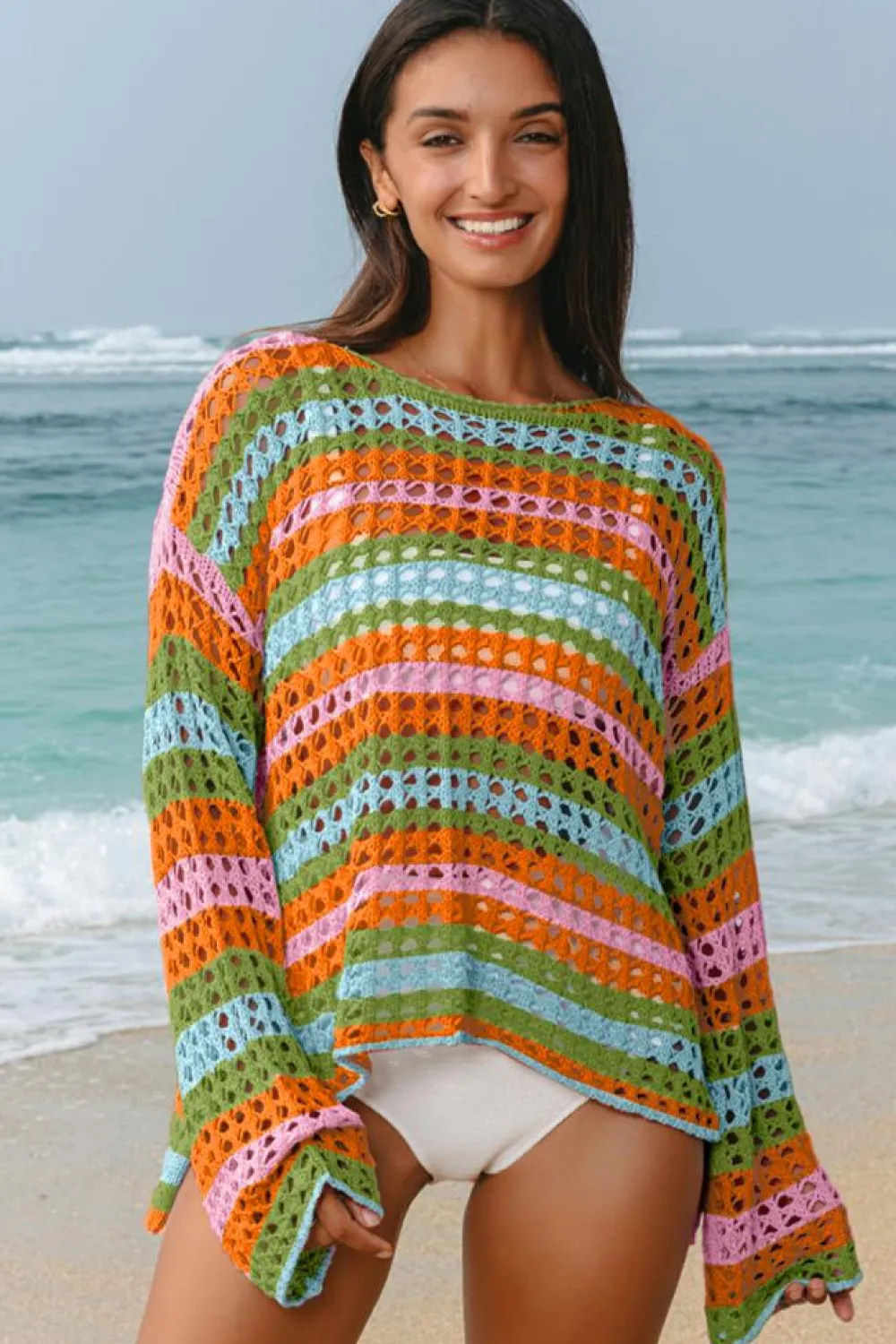 Online Dear-Lover Multi Stripe Open Knit Sweater Beach Cover Up Carrot
