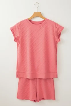 Outlet Dear-Lover Casual Checkered Textured Tee and Drawstring Shorts Pale Chestnut