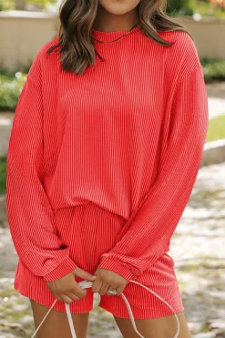 Sale Dear-Lover Casual Corded Knit Long Sleeve Top and High Waist Shorts Set Gold Flame