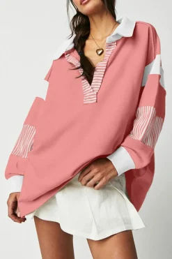 Clearance Dear-Lover Casual Striped Colorblock Patchwork Collar Sweatshirt Pale Chestnut