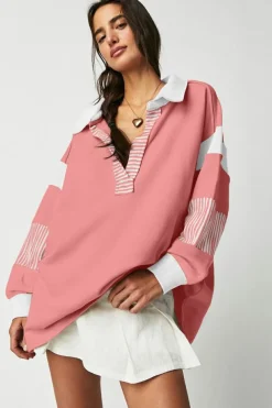 Clearance Dear-Lover Casual Striped Colorblock Patchwork Collar Sweatshirt Pale Chestnut