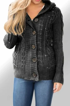 Discount Dear-Lover Charcoal Long Sleeve Button-up Hooded Cardigans Gray