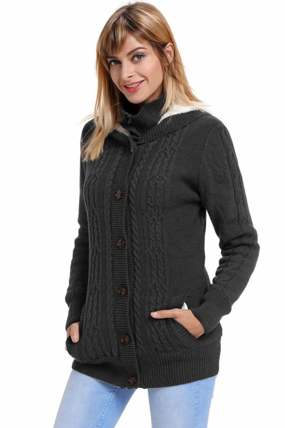 Discount Dear-Lover Charcoal Long Sleeve Button-up Hooded Cardigans Gray