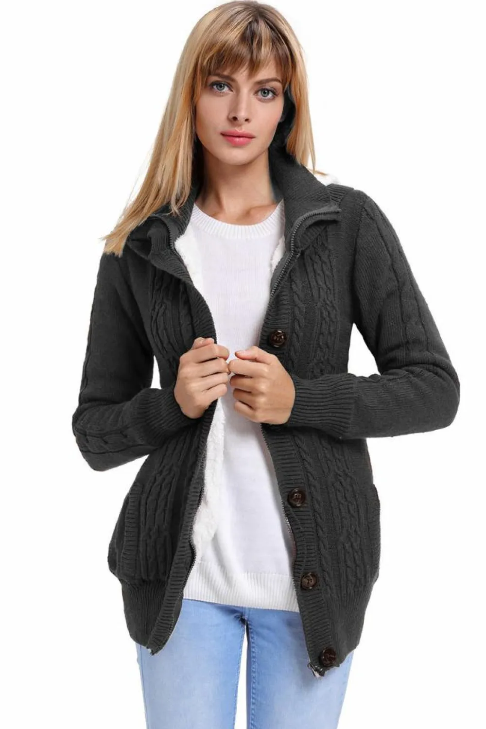Discount Dear-Lover Charcoal Long Sleeve Button-up Hooded Cardigans Gray