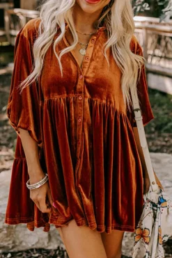 New Dear-Lover 3/4 Sleeve Tunic Babydoll Velvet Shirt Chestnut