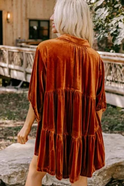New Dear-Lover 3/4 Sleeve Tunic Babydoll Velvet Shirt Chestnut