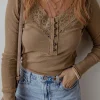 Discount Dear-Lover Anglaise Broider Ribbed Long Sleeve Top Chestnut