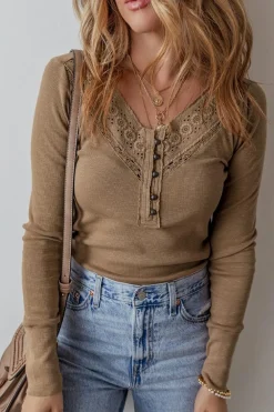 Discount Dear-Lover Anglaise Broider Ribbed Long Sleeve Top Chestnut