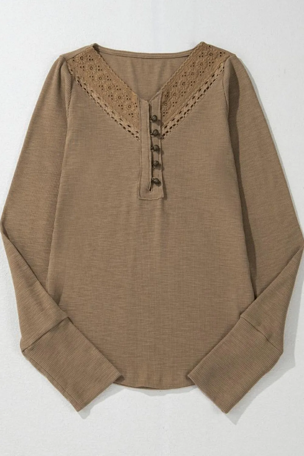 Discount Dear-Lover Anglaise Broider Ribbed Long Sleeve Top Chestnut