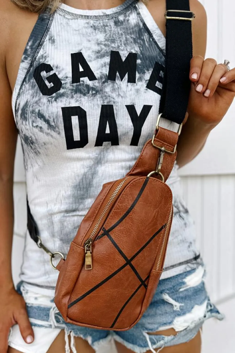 Fashion Dear-Lover Balls Pattern PU Leather Zipped Sling Bag Chestnut