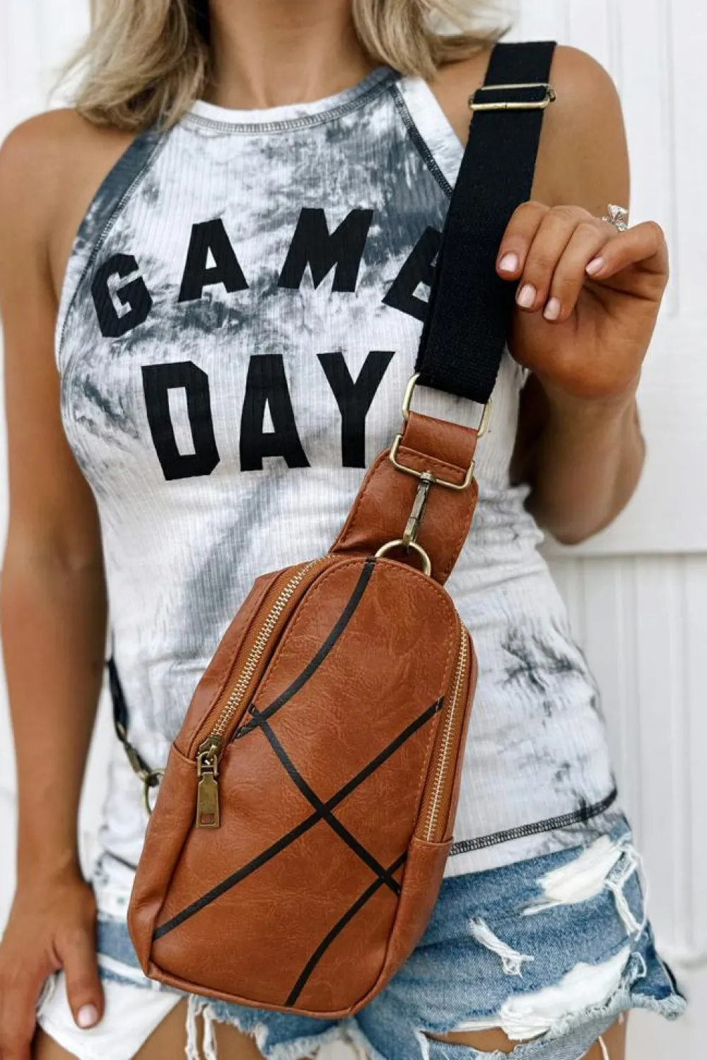 Fashion Dear-Lover Balls Pattern PU Leather Zipped Sling Bag Chestnut
