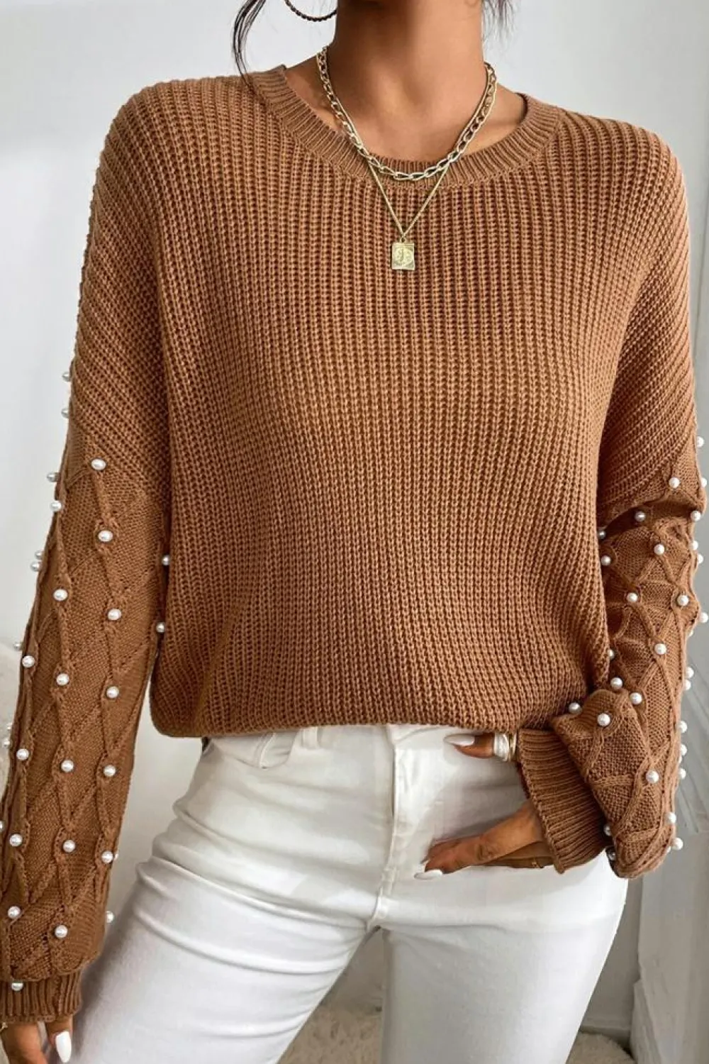 Clearance Dear-Lover Beaded Drop Shoulder Round Neck Sweater Chestnut