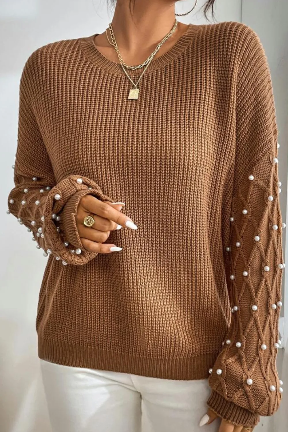 Clearance Dear-Lover Beaded Drop Shoulder Round Neck Sweater Chestnut