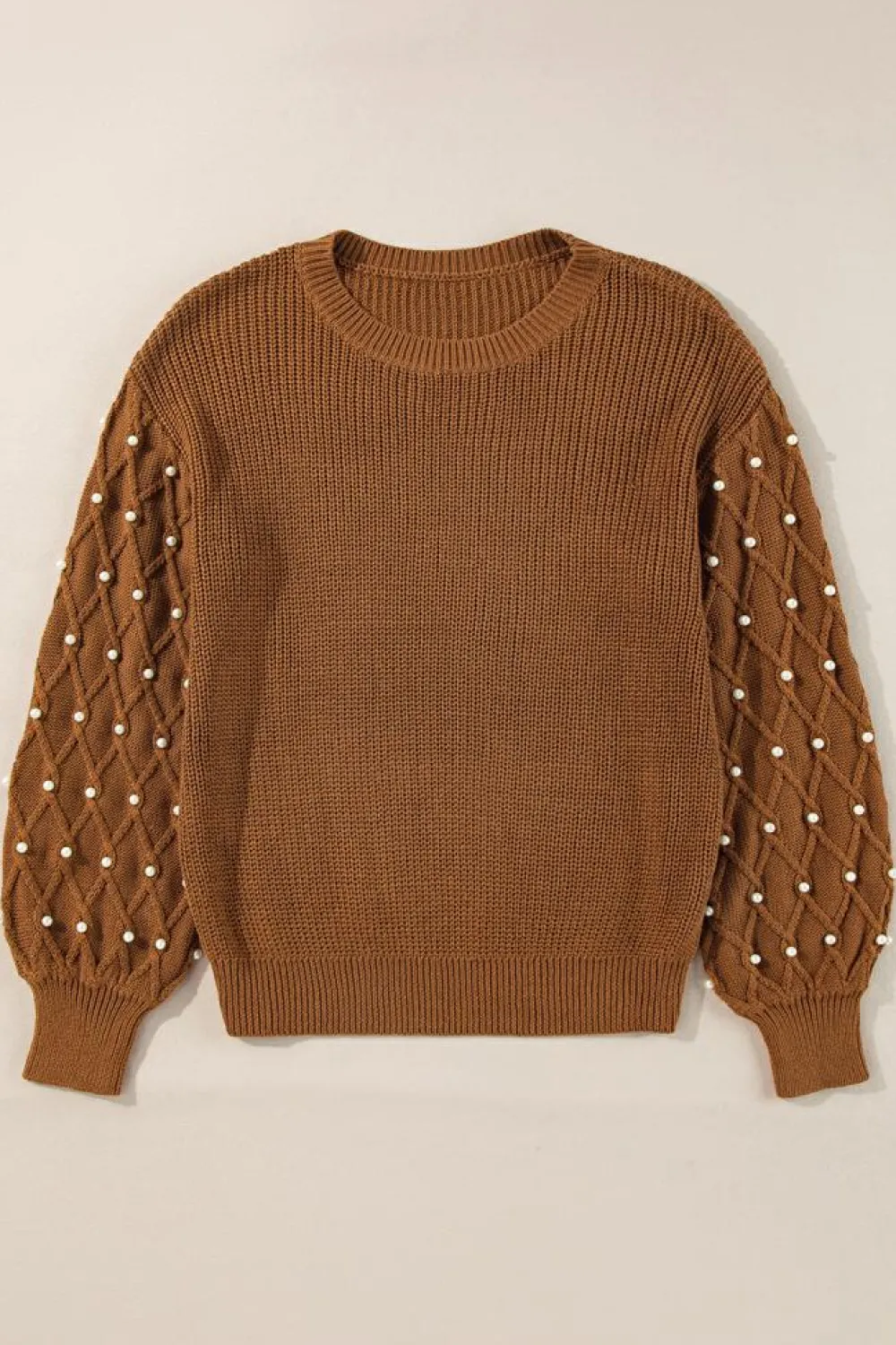 Clearance Dear-Lover Beaded Drop Shoulder Round Neck Sweater Chestnut