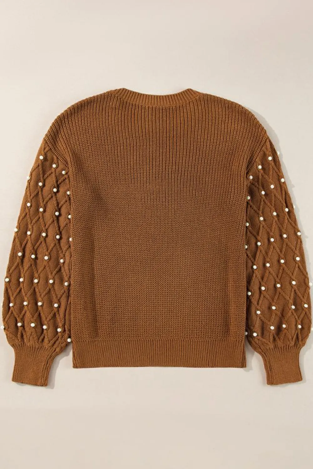 Clearance Dear-Lover Beaded Drop Shoulder Round Neck Sweater Chestnut