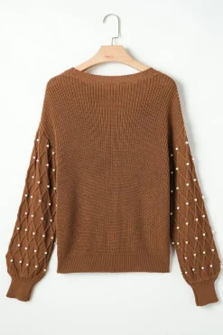 Clearance Dear-Lover Beaded Drop Shoulder Round Neck Sweater Chestnut