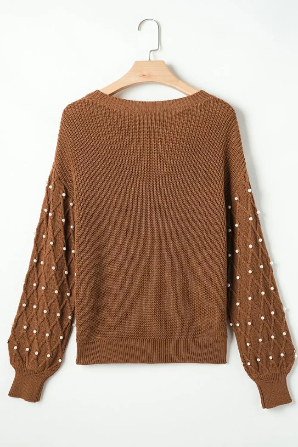 Clearance Dear-Lover Beaded Drop Shoulder Round Neck Sweater Chestnut