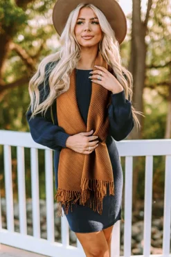 Hot Dear-Lover Bohemian Fringe Trim Textured Scarf Chestnut