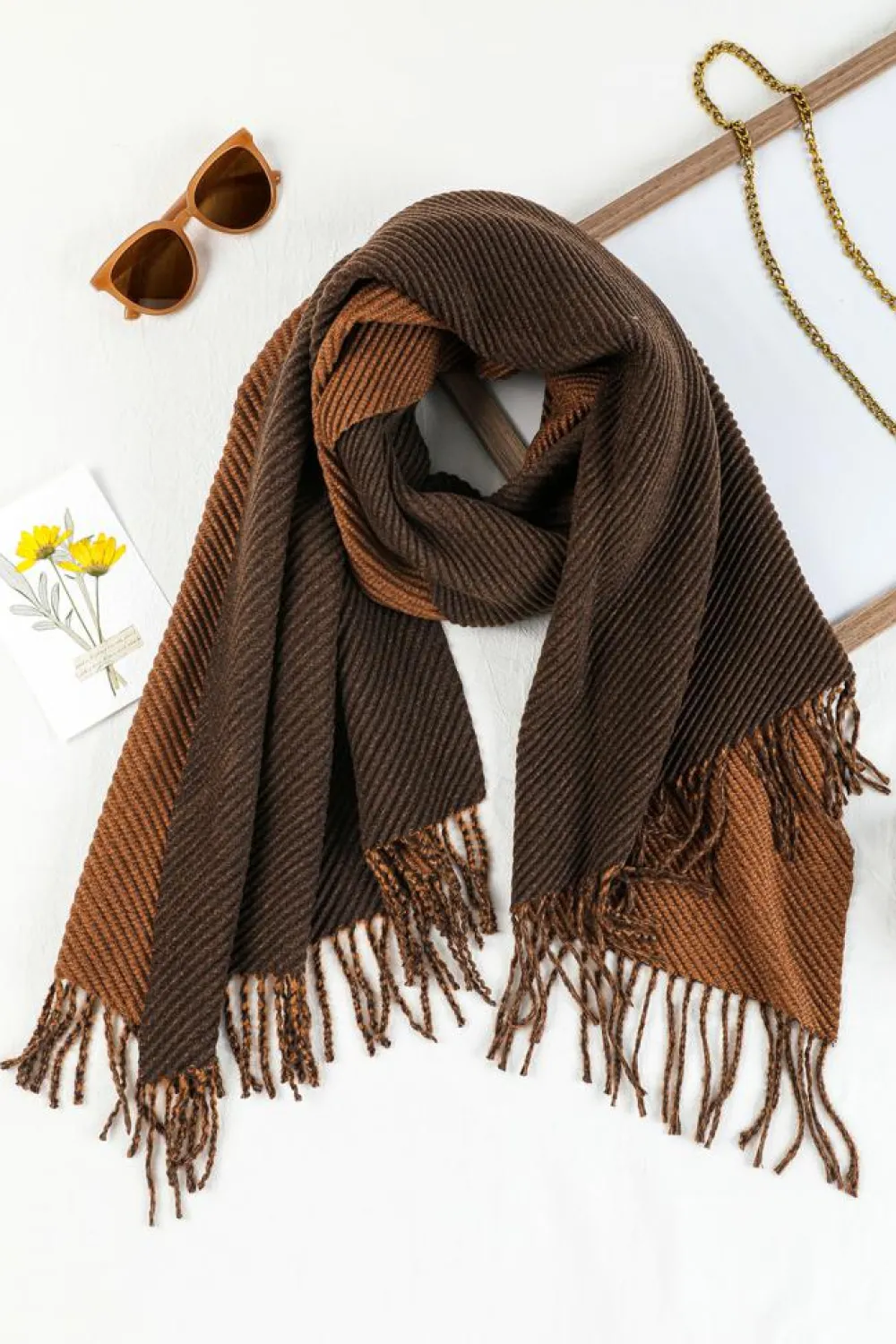Hot Dear-Lover Bohemian Fringe Trim Textured Scarf Chestnut