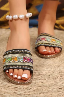 Clearance Dear-Lover Bohemian Pattern Crochet Faux Leather Beach Slippers Chestnut