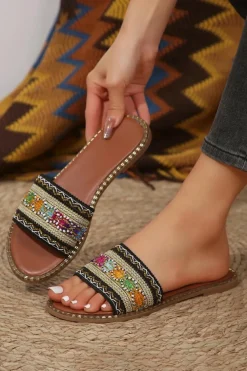 Clearance Dear-Lover Bohemian Pattern Crochet Faux Leather Beach Slippers Chestnut