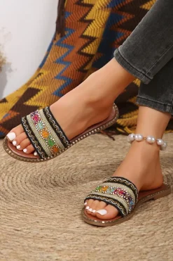 Clearance Dear-Lover Bohemian Pattern Crochet Faux Leather Beach Slippers Chestnut