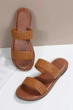 Clearance Dear-Lover Braided Double Band Leathered Flat Slippers Chestnut