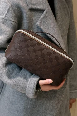 Hot Dear-Lover Checkered Zipper Handle PU Leather Travel Makeup Bag Chestnut
