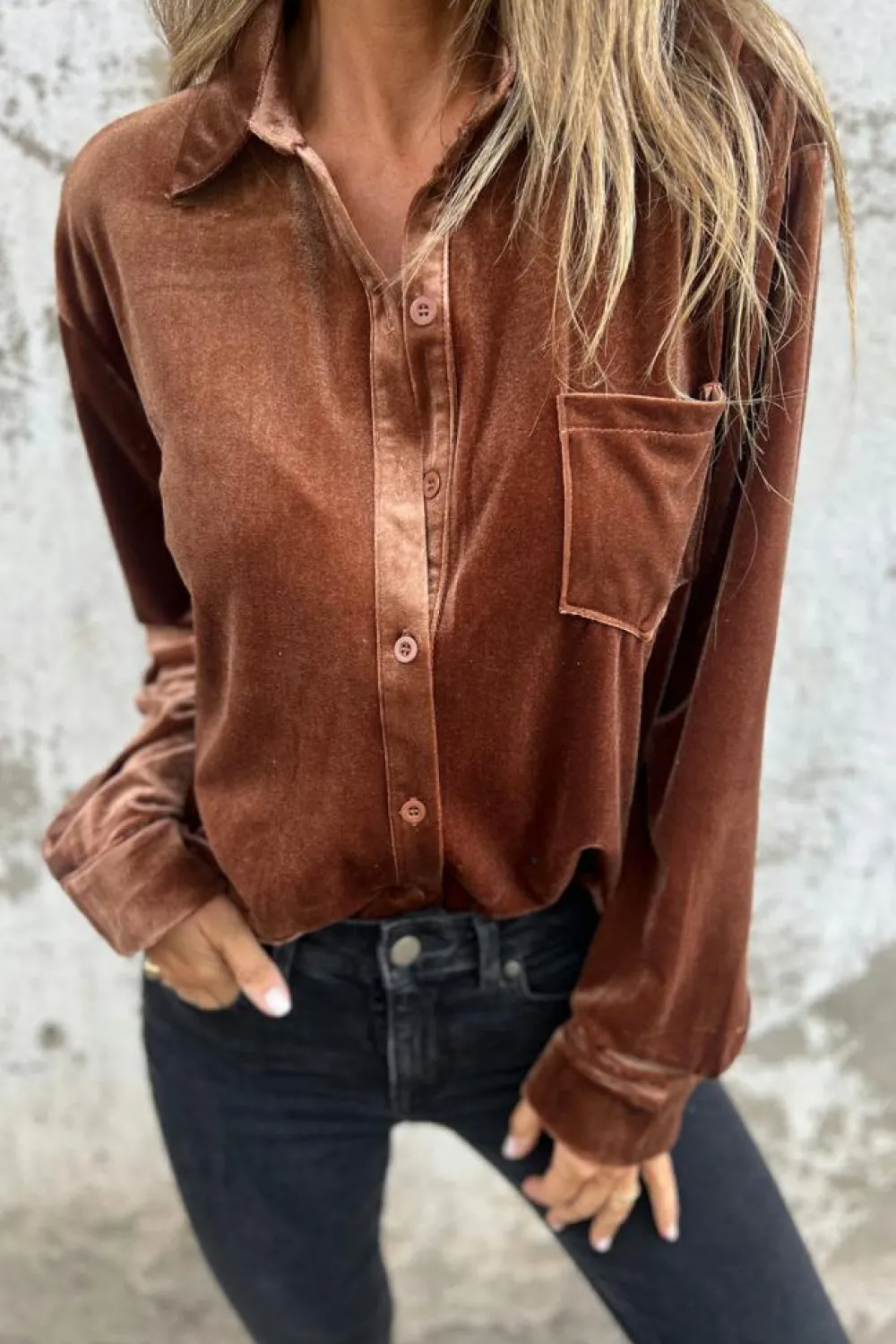 New Dear-Lover Chest Pocket Velvet Shirt Chestnut