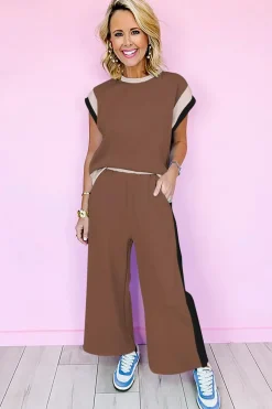 Hot Dear-Lover Color Block Detail Casual Two-piece Outfit Chestnut