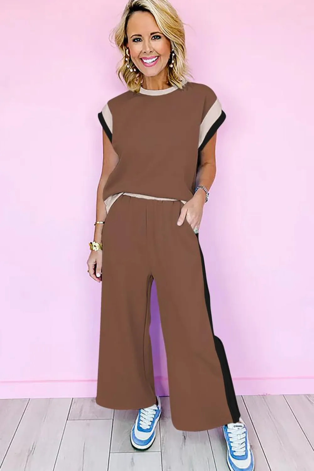 Hot Dear-Lover Color Block Detail Casual Two-piece Outfit Chestnut
