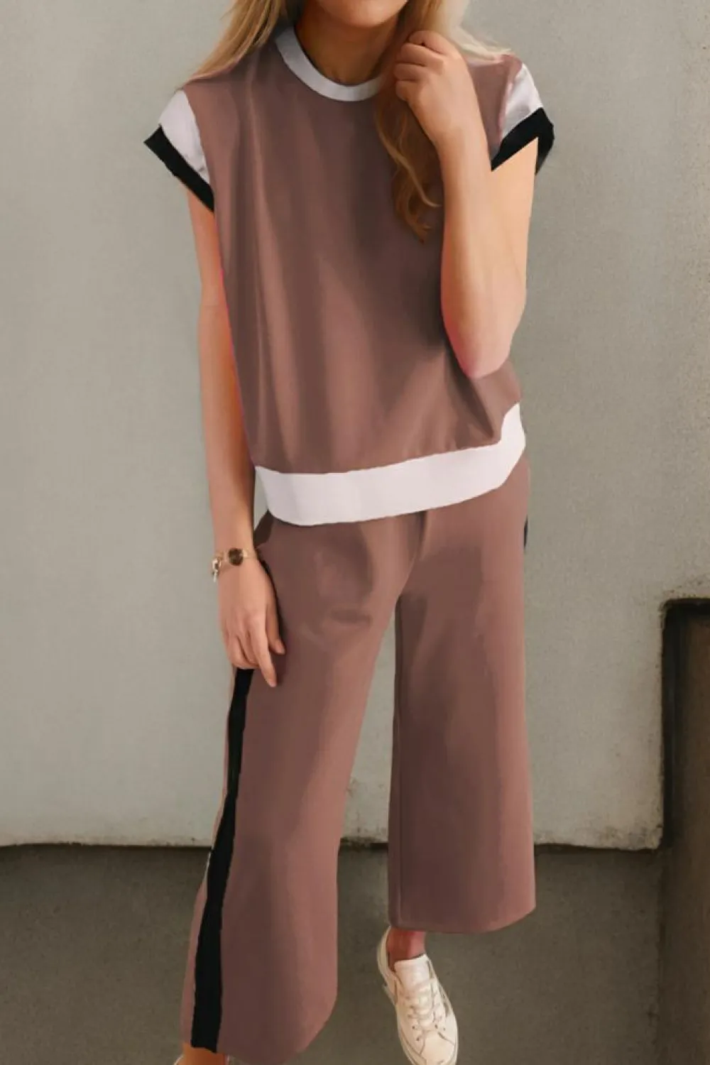 Hot Dear-Lover Color Block Detail Casual Two-piece Outfit Chestnut