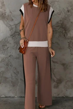 Hot Dear-Lover Color Block Detail Casual Two-piece Outfit Chestnut