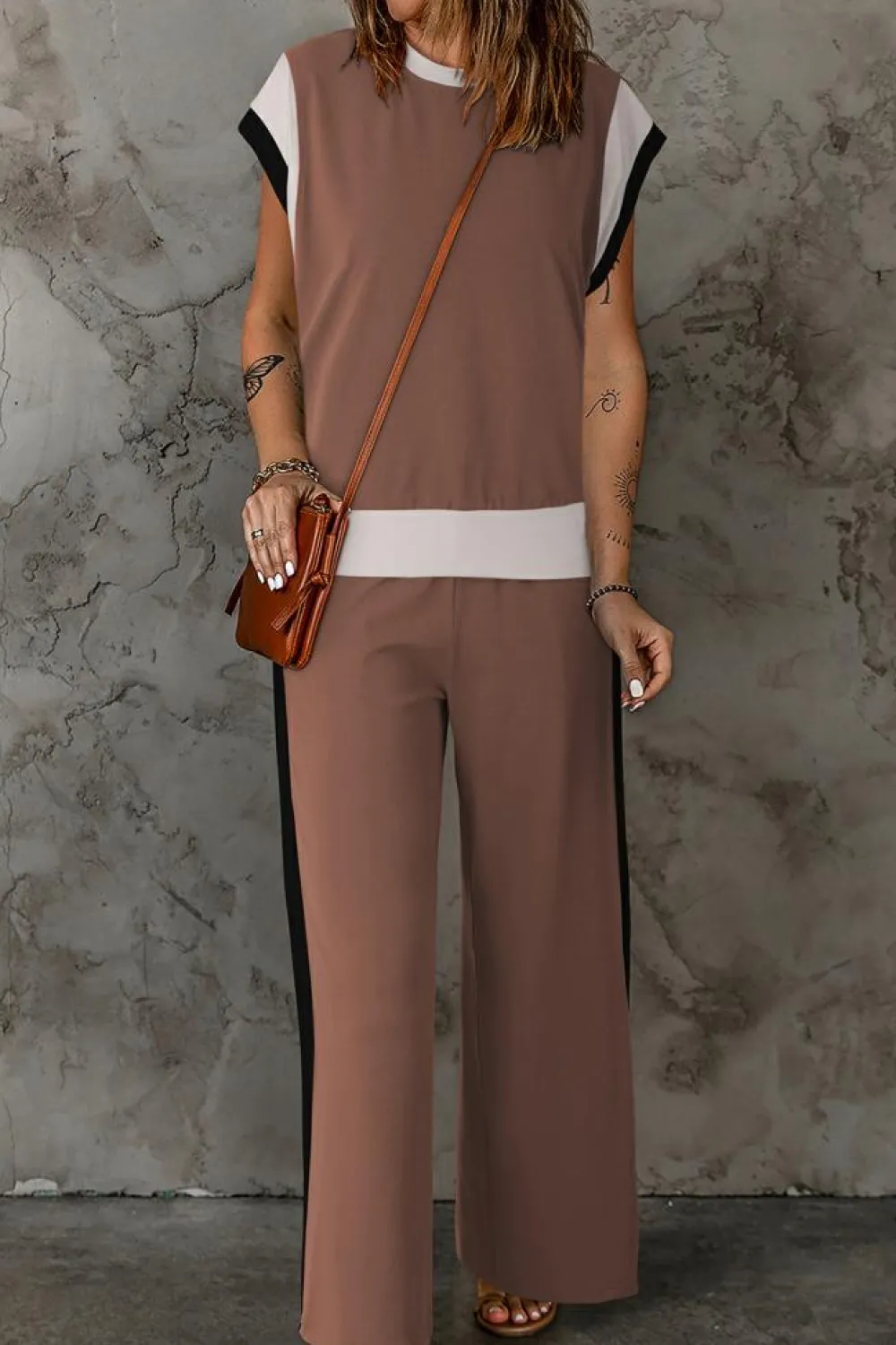 Hot Dear-Lover Color Block Detail Casual Two-piece Outfit Chestnut