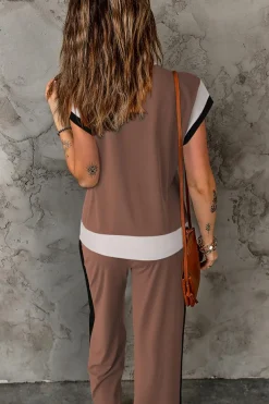 Hot Dear-Lover Color Block Detail Casual Two-piece Outfit Chestnut