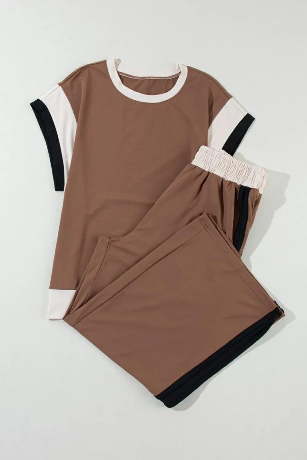 Hot Dear-Lover Color Block Detail Casual Two-piece Outfit Chestnut
