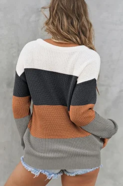 Hot Dear-Lover Color Block Knitted O-neck Pullover Sweater Chestnut