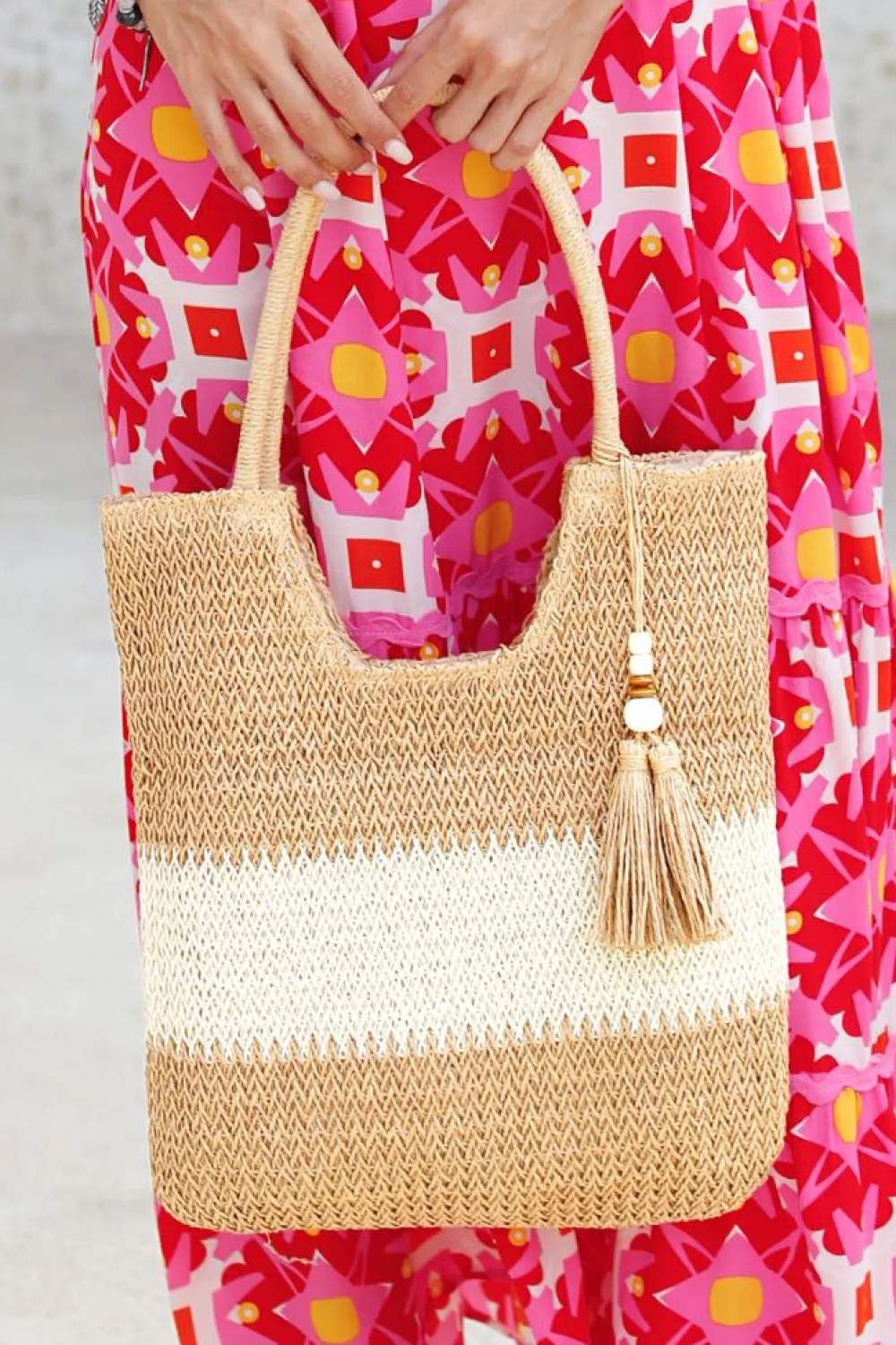 Best Dear-Lover Color Block Straw Woven Tassel Decor Tote Bag Chestnut