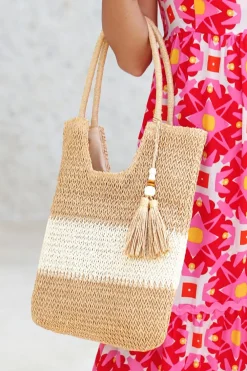 Best Dear-Lover Color Block Straw Woven Tassel Decor Tote Bag Chestnut