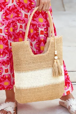 Best Dear-Lover Color Block Straw Woven Tassel Decor Tote Bag Chestnut