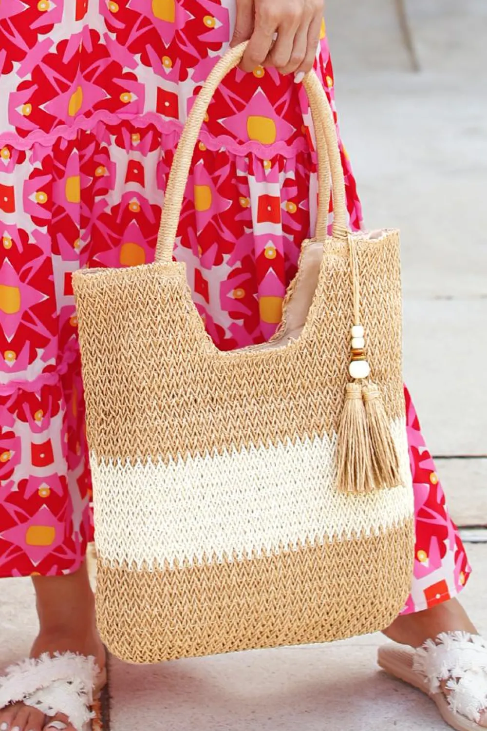 Best Dear-Lover Color Block Straw Woven Tassel Decor Tote Bag Chestnut