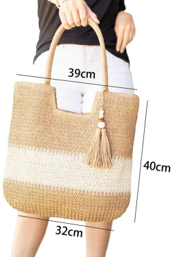 Best Dear-Lover Color Block Straw Woven Tassel Decor Tote Bag Chestnut