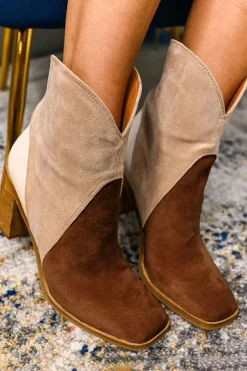 Clearance Dear-Lover Colorblock Suede Heeled Ankle Booties Chestnut