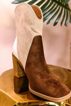 Clearance Dear-Lover Colorblock Suede Heeled Ankle Booties Chestnut
