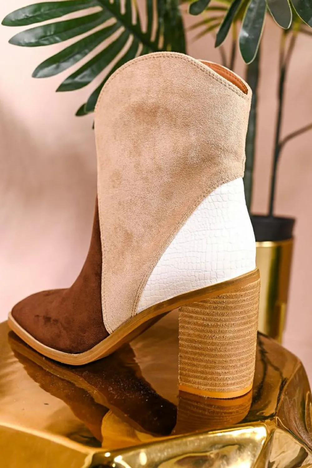 Clearance Dear-Lover Colorblock Suede Heeled Ankle Booties Chestnut