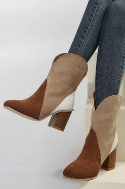 Clearance Dear-Lover Colorblock Suede Heeled Ankle Booties Chestnut