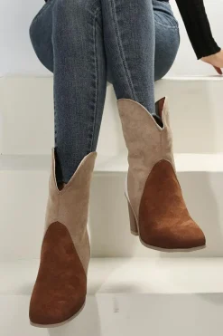Clearance Dear-Lover Colorblock Suede Heeled Ankle Booties Chestnut